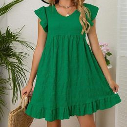 Casual Dresses 2024 Loose Mini Dress Women Summer Short Sleeve Solid Colour Green A Line Female Fashion Vintage