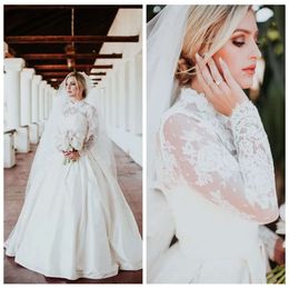 Spetsklänningar vintage hög hals satin boll applikation långa ärmar golvlängd land bröllop brud klänning vestido de novia