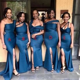 Dresses Side Blue Mermaid Slit Navy Bridesmaid One Shoulder Straps Floor Length Custom Made Maid Of Honor Gown Wedding Guest Party Wear