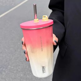 Tyeso 600ML Stainless Steel Thermo Bottle Car Water Cup Insulated Coffee with Straw Cold Drink Vacuum Travel Thermal Mug 240430