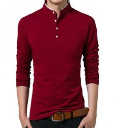 Men Autumn TShirt Cotton T Shirt Full Sleeve Tshirt Solid Colour Topstees Mandarin Collar Long Buttons Sweatshirt Men039s TSh9616589