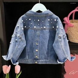 Jackets Spring Autumn Girls Denim Jacket 2024 Korean Loose Long Sleeve Sweet Pearl Beading Lapel Coat Button Cardigan