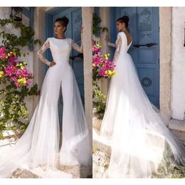 Hochzeit Bridal Boho Kleid Wunderschöne Kleider Jumpspurte Langarm Juwel Hals Tüll Spitze Applikum übermachte maßgeschneiderte Strand plus Größe Vestidos de Novia