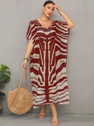 Kaftan Dresses For Women Wine Red Stripes Print Beach Caftan Cover Up Batwing Sleeve Bathing Suit Coverups Casual Vacation