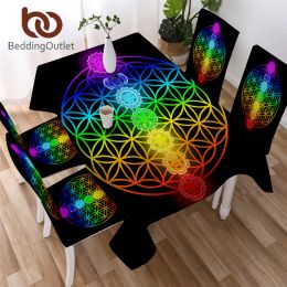 Pads BeddingOutlet Chakra Table Cloth Zen Theme Black Tablecloth Waterproof Colourful Flower of Life Decorative Table Linen for Home