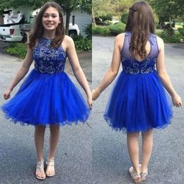 Short Hollow Homecoming Dresses Royal Blue 2021 Back Tulle Beaded Crystals Custom Made Above Knee Mini Tail Party Gown