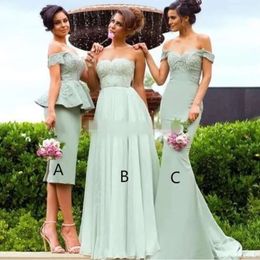 Uma dama de honra vestidos peplum pastel 2021 bainha de linha verde da sereia do ombro Aplique personalizado de renda personalizada