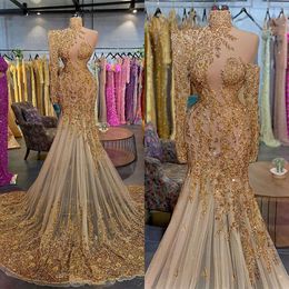 Prom Dresses One Gorgeous Mermaid High Neck Sleeve Designer Shining Applicants On Tulle Hollow Court Gown Custom Made Plus Size Party Dress Vestido De Noite 0510