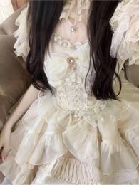 Casual Dresses Summer Design Sense Lolita Laminated Tutu Dress Strap Square Collar Lace Bow Waisted Sweet Large Skirt