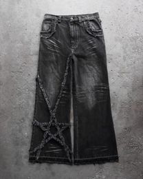 Harajuku fashion high-waisted baggy jeans High Street retro stars furred jeans Men y2k Goth casual straight leg wide-leg pants 240429
