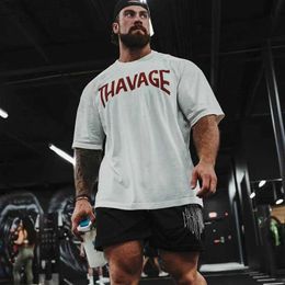 Men's T-Shirts Thavage Shirt Men Running Sports Loose Oversized T-shirt Short Slve Cotton Summer Mens Bodybuilding Workout Top Mens T240505