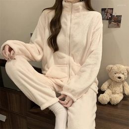 Women's Two Piece Pants Fleece Mock Neck Women Warm Set Solid Casual Zipper Cardigan And Thickened Fall Winter Long Sleeve Pocket Loose
