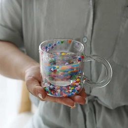Tumblers Lazzy House Shining Fairy Double Layer Quicksand Water Cup Big Ear Coffee Breakfast Heat Insulation Bubble Sequin Creative Glass H240506