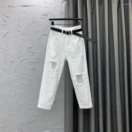 Women's Jeans 2024 Summer Ripped Thin White Cropped Pants For Women Slimming Skinny Korean Style Beading Jean Girls Denim