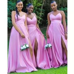 Bridesmaid Dresses Designer Lilac Satin Spaghetti Straps Side Slit Floor Length Plus Size Maid Of Honor Gown Country Beach Wedding Evening Vestidos