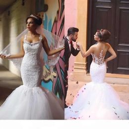Straps Dresses Spaghetti 2021 Mermaid Beaded Crystals Lace Applique Sexy Illusion Back Sweep Train Garden Wedding Gown Vestido