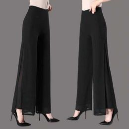 Women's Pants Capris Office Lady Double Chiffon Flare Pants Spring Summer New High Waist Thin Culottes Elastic Loose Split Casual Women Long Trousers Y240504