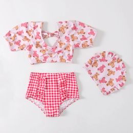 Swimwear 3Pcs Kids Clothes Girls Swimsuits Summer Cute Cartoon Bear Print Top+Plaid Shorts Suit for Baby Short Sleeve Children's Clothing