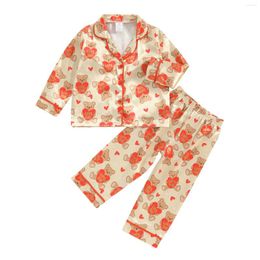 Clothing Sets Spring Kids Girls Autumn Pajama Long Sleeve Lapel Button Shirt Heart Bear Print Pants Sleepwear Clothes