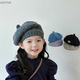 Caps Hats Korean knitted beret for children and girls winter solid color wool bean hat retro warm crochet childrens artist hat WX