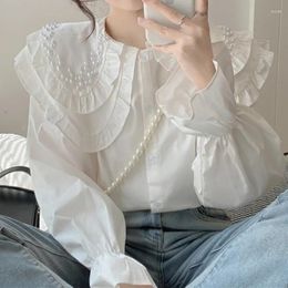 Women's Blouses Ruffled Doll Collar Solid Simple Shirt Female 2024 Spring Korean Chic Long Sleeve Top Design Niche French Style All-match