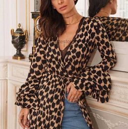 Basic Casual Dresses New Arrival Womens Casual Long Sleeve Leopard print dress with flared sleeves eet Style Dresses Beach Loose Shirt Skirt Size S-2XL