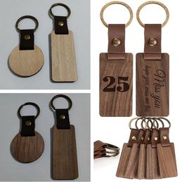 Party Favour Keychains Wooden Personalise Keychains Blanks For Engraving Handmade Leather Keychain Round Rec Wood Lage Decoration Key Ring LT951