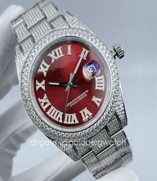 Fashion Business Silver Mens Watch Datejust 126334 Ice Out Diamond Watch Sapphire Glass red Roman Numerals dial 41mm automatic mov4286554