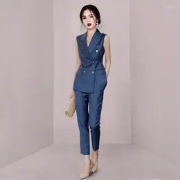 Women's Two Piece Pants Summer Office OL Trousers Suit Women Notched Sleeveless Double-Breasted Blazer Coat Pockets Ankle-Length 2 Set