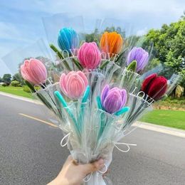 Decorative Flowers Finished Tulip Handmade Twisted Stick Hand-knitted Fake Crochet Bouquet Wedding Party Home Decorations