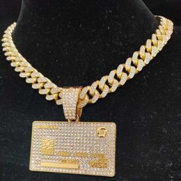 Pendant Necklaces Men Women Hip Hop Bank Card Shape Necklace with 13mm Crystal Cuban Chain Hiphop Iced Out Bling Fashion Jewelry 230613
