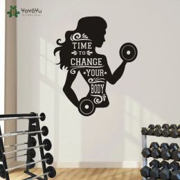 Stickers Removable Girls Gym Wall Decal Time To Change Your Body Girl Fitness Motivation Quote Vinyl Sticker Crossfit Sport Poster NY183