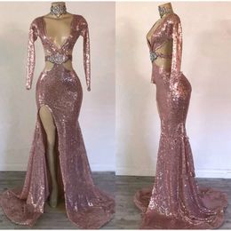Neck Evening Rose V Dresses Gold Deep Sequins Crystal Side Split Sexy Mermaid Prom Dress Party Wear Real Pictures Formal Ocn Gowns