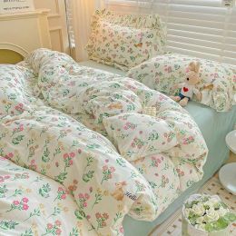 sets Cute Floral Duvet Cover Set Ins Korean Style with Flat Sheet Pillowcase No filler Washed Cotton Queen Full Twin Home Bed Linen