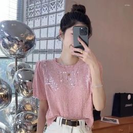 Women's Sweaters 2024 Spring/Summer Versatile Slimming Style Hollow Out Sequin Round Neck Knitted Shirt Pink Girls Sweet Temperament Women