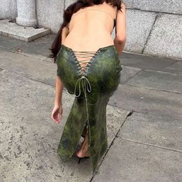 Fashionable Instagram New Sexy Back Hollowed Out With Rope And Slit, Slim Fit, Elegant Sister Style Brushed PU Skirt