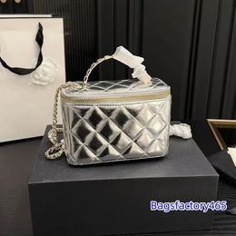 CHANEI Trend Shiny Zipper Women Makeup Bag With Mirror Luxury Vanity Box Underarm Bag Leather Diamond Lattice Handbag Gold Hardware Chain Co