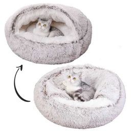 Cat Beds Furniture Snooze Cat Bed Round Plush Fluffy Hooded Cosy Cat Bed Cave for Indoor Donut Self Warming Small Dog Bed Anti-anxiety Puppy Kennel