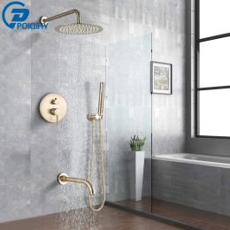 Set Poiqihy Brushed Gold Shower Faucet Embedded in Shower Mixer Tap Wall Mounted Bathroom Rainfall Shower Tap Set Brass 3ways