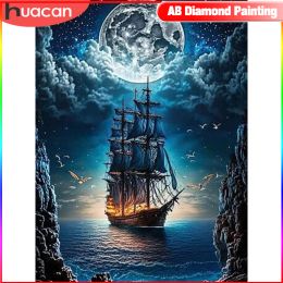 Stitch HUACAN Diamond Painting New Collection 2023 Night Sea Landscape Full Square/Round Drill Mosaic Ship Home Decor