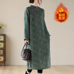 Casual Dresses 2024 Stand Collar Vintage Chinese Style Autumn Winter Dress Cheongsam Cotton Blend Print Fashion Women Plush Z3902