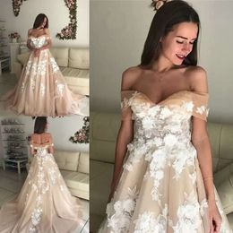 Wedding Bridal Champagne Dresses Beach Gown Sleeveless Off The Shoulder 3D Floral Applique Custom Made Sweep Train Tulle Vestidos De Novia