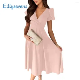 Casual Dresses Women'S Sexy V-Neck Simple And Elegant Solid Colour Short Sleeved Mid Skirt Dress Banquet Party Exquisite Waist