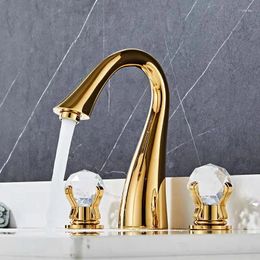 Bathroom Sink Faucets Luxury Gold Brass And Crystal Faucet Top Quality Cold Water Lavabo 3 Holes 2 Handles Hand Basin