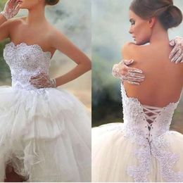 Wedding Modest Beach Beach High Low Abites Abito da sposa Applique Corset Corset Back Crystals Gonna a più gallo Tulle Custom Made Vestitido de noni