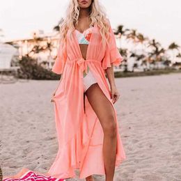 Women Beach Wear New Bikini Cover Up Dress Sexy Cardigan Beach Tunic Pareo Flare Slve Bohemian Maxi Dress Swimsuit Cover Up Swimwear Beach Wrap Y240504