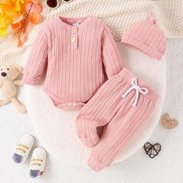 Clothing Sets Baby 3 Piece Clothes Outfits Casual Solid Colour Long Sleeve Rompers And Elastic Pants Beanie Hat Cute Set For Infant Toddler