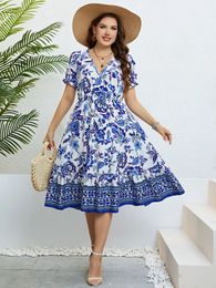 Plus Size Women Flower Print V-Neck A-Line Dresses Elegant Ruffle Short Sleeves Party Robe Casual Lady Vacation Large Size Cloth 240506