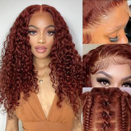 32 Inch Brazilian Glueless Reddish Brown Deep Wave Frontal Wig 180 Density Copper Red Curly Simulation Human Hair Wig 13x4 HD Lace Frontal Wig