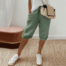 Women's Pants Women Cotton Linen Shorts Vintage Loose Wide Leg Trousers Drawstring Knee-length For Ladies Elastic Waist With Pockets